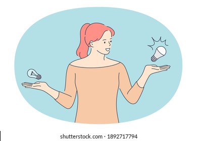 Choice, doubt, decision concept. Young smiling woman cartoon character standing with light bulbs ob hands and trying to decide which one to choose vector illustration 