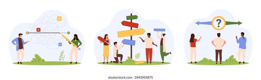 Choice of easy way, right solution and strategy set. Tiny people choose path and direction on crossroads, take shortcuts to simplify task, thinking on goal achievement cartoon vector illustration