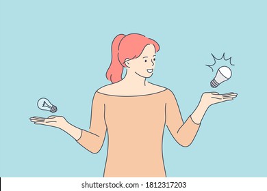 Choice, ecology, energy, recycling concept. Young happy smiling woman cartoon character standing and comparing energy saving light bulb with incandescent lamp. Eco living lifestyle illustration.