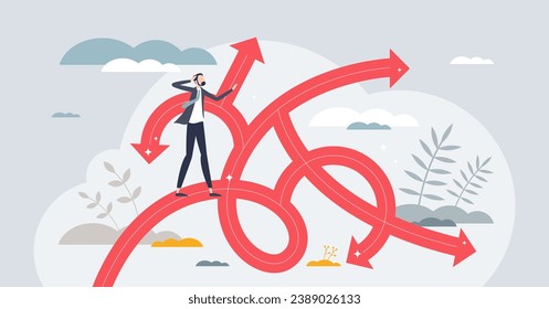 Choice fatigue as frustration about many possible options tiny person concept. Hard choice and complex decision making vector illustration. Confusion about possible doubt and business management.