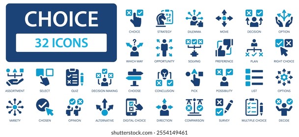 Choice flat icons collection.Option, checkmark, opportunity, decision, preference, solving, survey, checklist, selection sign set.