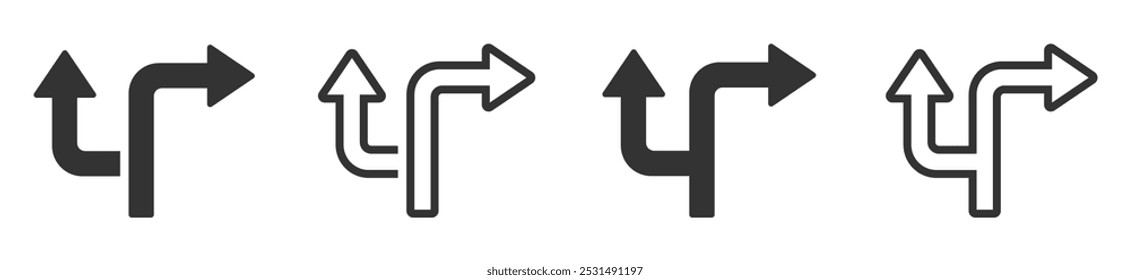 Conjunto de iconos de vector plano de elección. Línea de ruta alternativa y conjunto de símbolos planos rellenos