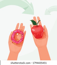 Concepto de alimentos de elección entre el fondo vectorial saludable y el no saludable. Manos de mujer sosteniendo manzana roja y donut dulce en diferentes brazos. Vista superior. Difícil elección. Ilustración plana al estilo de las caricaturas.