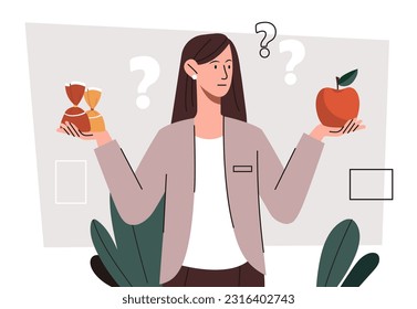 Choice of food concept. Woman decides whether to eat sweet or apple. Sweets or fruits. Comparison of healthy eating and fast food. Proper nutrition and diet. Cartoon flat vector illustration