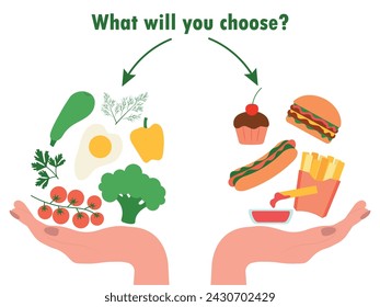 Choice of food. Healthy and unhealthy diet. A woman's hand holds vegetables, healthy food and fast food. Diet and nutrition decision concept. Inscription What will you choose. Vector flat design