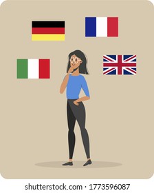 The choice of a foreign language. The girl ponders how to learn the language and chooses a course of study. The concept of online education courses. Vector illustration in a flat style.