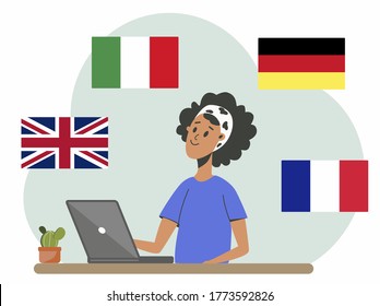 The choice of a foreign language. A man sits with a laptop and chooses a course of study. The concept of online education courses. Vector illustration in a flat style.