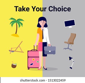 Choice Freelance vs Office work concept. Comparing remote work with freelance working place. Flat characters design vector illustration.