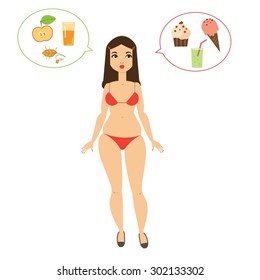 Choice girl. Diet. Healthy and unhealthy food. Vector illustration.