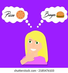 Choice. Girl having a choice of pizza or burger.