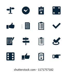 Choice icon. collection of 16 choice filled icons such as dice, pointing, tick, thumb up, clipboard, direction, checklist. editable choice icons for web and mobile.