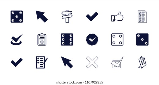 Choice icon. collection of 18 choice filled and outline icons such as pointer, check list, tick, dice, clipboard, direction. editable choice icons for web and mobile.