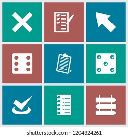 Choice icon. collection of 9 choice filled icons such as direction   isolated, dice, check list, cancel, pointer, clipboard, tick. editable choice icons for web and mobile.