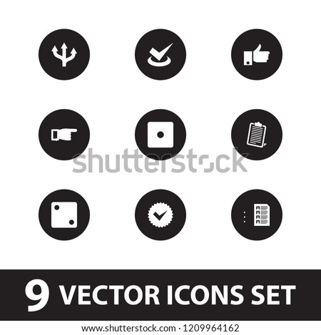 Choice icon. collection of 9 choice filled icons such as dice, pointing, arrow, clipboard, tick, thumb up. editable choice icons for web and mobile.
