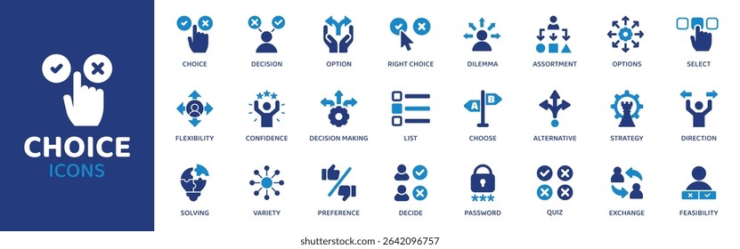 Choice - Coleção de Ícones. O Conjunto de linhas finas contém ícones como Escolha, Opção, Selecionar, Escolher, Votar, Decidir, Escolher e muito mais. Conjunto de ícones simples da Web.