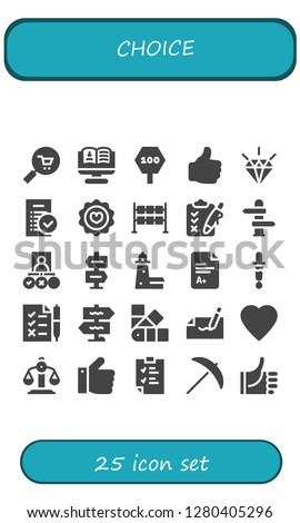  choice icon set. 25 filled choice icons. Simple modern icons about  - Commerce, Recruitment, Road sign, Like, Quality, Tasks, Favorite, Dice, Clipboard, Direction, Split point