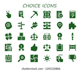  choice icon set. 30 filled choice icons. Simple modern icons about  - Touch, Click, Pick, Dice, Tasks, List, Positive, Signpost, Puzzle, Balance, Favorite, Testing, Quality, Color picker