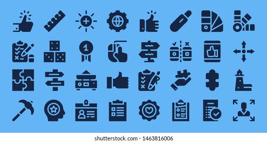 choice icon set. 32 filled choice icons. on blue background style Simple modern icons about  - Like, Test, Puzzle, Pick, Finger, Dice, Direction sign, Favorite, Balance, Quality