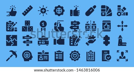 choice icon set. 32 filled choice icons. on blue background style Simple modern icons about  - Like, Test, Puzzle, Pick, Finger, Dice, Direction sign, Favorite, Balance, Quality
