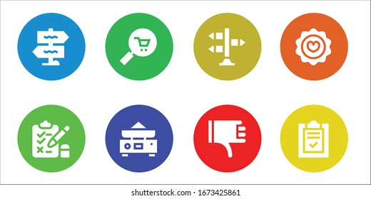 conjunto de iconos de opción. 8 iconos de opción rellenos.  Iconos modernos sencillos, como: Señal, Prueba, Comercio, Equilibrio, Miniatura, Favorito, Lista