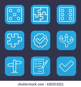 Choice icon. set of 9 outline choice icons such as dice, puzzle, check list, tick, direction