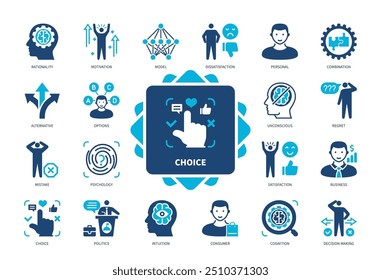 Choice icon set. Alternative, Options, Intuition, Satisfaction, Rationality, Psychology, Consumer, Regret. Duotone color solid icons