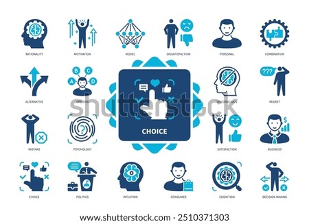 Choice icon set. Alternative, Options, Intuition, Satisfaction, Rationality, Psychology, Consumer, Regret. Duotone color solid icons