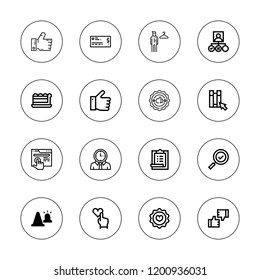 Choice icon set. collection of 16 outline choice icons with click, check mark, check, favorite, fitting room, like, manager, piece, road sign, testing, thumb up icons.