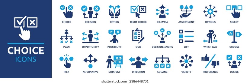 Choice icon set. Containing decision, option, selection, dilemma, select, preference, quiz, opportunity and more. Vector solid icons collection. - Shutterstock ID 2386448701