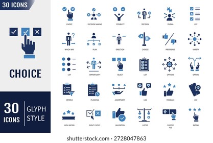 Conjunto de iconos de elección. Contiene iconos: decisión, opción, selección, dilema, seleccionar, preferencia, prueba, oportunidad y más. Ilustración vectorial