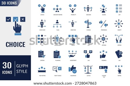 Choice icon set. Containing icons: decision, option, selection, dilemma, select, preference, quiz, opportunity and more. Vector illustration