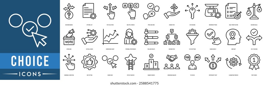 choice icon set. Decision Making, Options List, Path Selection, Multiple Choices, Pros and Cons, Choose Path and Key Decision