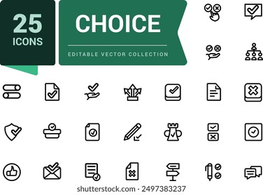 Conjunto de iconos de elección. Esquema mínimo de elecciones de votación e iconos de elección Relacionado con el ganador, sí o no, marca de verificación, favorito. Iconos de línea para el Diseño web, App móvil.