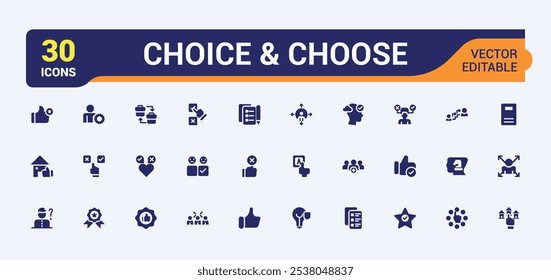 Choice icons in filled style. Includes flat solid voting, concept, favorite, ballot, opportunity, political and more. Minimalist flat solid icon.