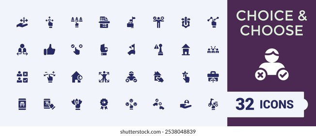 Choice icons in filled style. Includes flat solid voting, concept, favorite, ballot, opportunity, political and more. Minimalist flat solid icon.