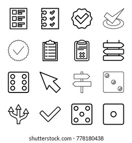 Choice icons. set of 16 editable outline choice icons such as direction   isolated, dice, pointer, tick, arrow, checklist, clipboard