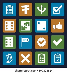 choice icons set. Set of 16 choice filled icons such as Dice, clipboard, thumb up, tick, checklist, puzzle, direction, arrow