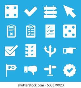 Choice icons set. set of 16 choice filled icons such as direction   isolated, Dice, pointing, dislike, tick, clipboard, checklist, direction, pointer
