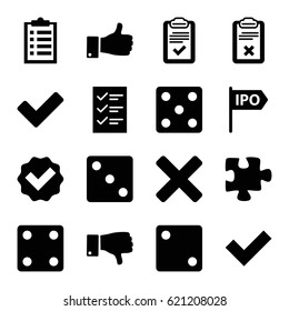 Choice icons set. set of 16 choice filled icons such as Dice, puzzle, thumb up, dislike, tick, clipboard, checklist, direction
