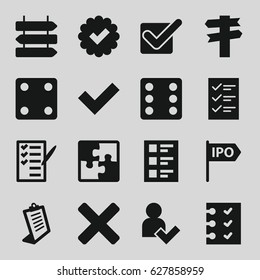 Choice icons set. set of 16 choice filled icons such as direction   isolated, Dice, clipboard, check list, checklist, add user, puzzle, direction, cross