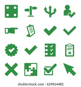 Choice icons set. set of 16 choice filled icons such as dice, pointing, clipboard, tick, checklist, add user, puzzle, direction, cross, pointer