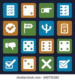 Choice icons set. set of 16 choice filled icons such as dice, pointing, dislike, clipboard, checklist, tick, direction, arrow