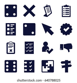 Choice icons set. set of 16 choice filled icons such as dice, clipboard, dislike, checklist, add user, puzzle, direction, pointer, tick