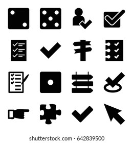 Choice icons set. set of 16 choice filled icons such as direction   isolated, dice, pointing, puzzle, check list, tick, checklist, add user, direction