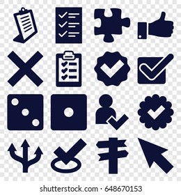 Choice icons set. set of 16 choice filled icons such as dice, clipboard, puzzle, thumb up, add user, checklist, tick, direction, pointer, arrow
