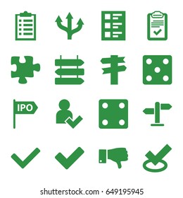 Choice icons set. set of 16 choice filled icons such as direction   isolated, dice, puzzle, dislike, tick, clipboard, checklist, add user, direction