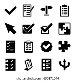 Choice icons set. set of 16 choice filled icons such as clipboard, puzzle, check list, checklist, tick, direction, pointer