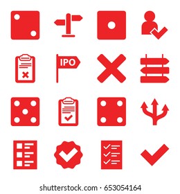 Choice icons set. set of 16 choice filled icons such as direction   isolated, dice, clipboard, checklist, add user, direction, cross, tick