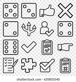 Choice icons set. set of 16 choice outline icons such as dice, pointing, puzzle, check list, thumb up, tick, clipboard, add user, arrow