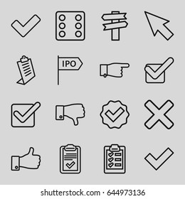Choice icons set. set of 16 choice outline icons such as dice, pointing, clipboard, thumb up, dislike, tick, direction, cross